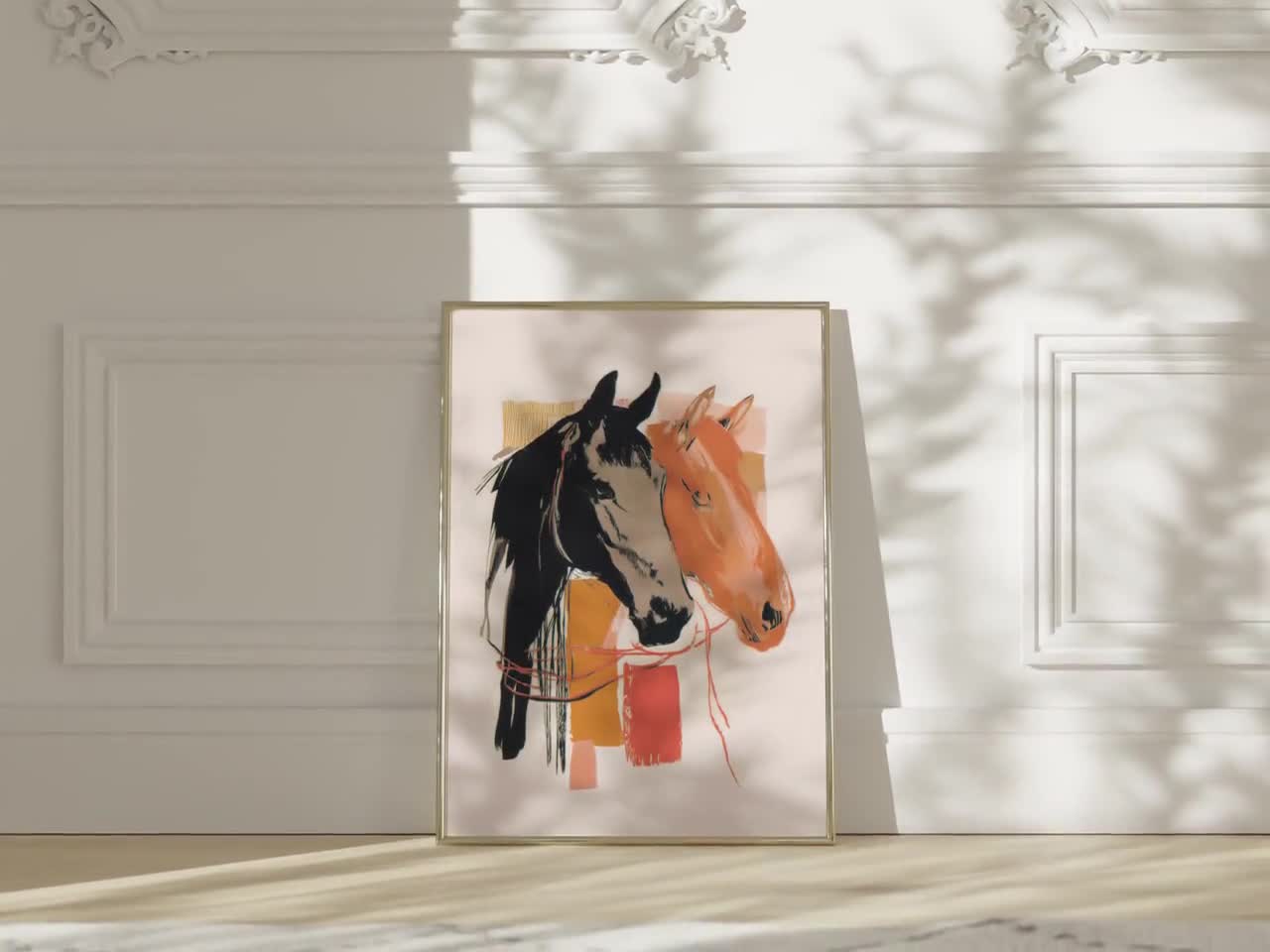 抽象的な馬の壁アート、モダンなオレンジと黒のプリントの馬の絵画